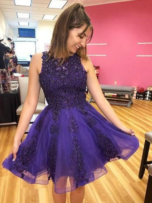 A-Line/Princess Tulle Beading Scoop Sleeveless Short/Mini Dresses by YiHuiw