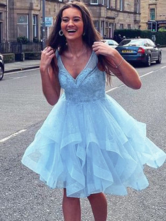 A-Line/Princess Tulle Ruffles V-neck Sleeveless Short/Mini Dresses by YiHuiw