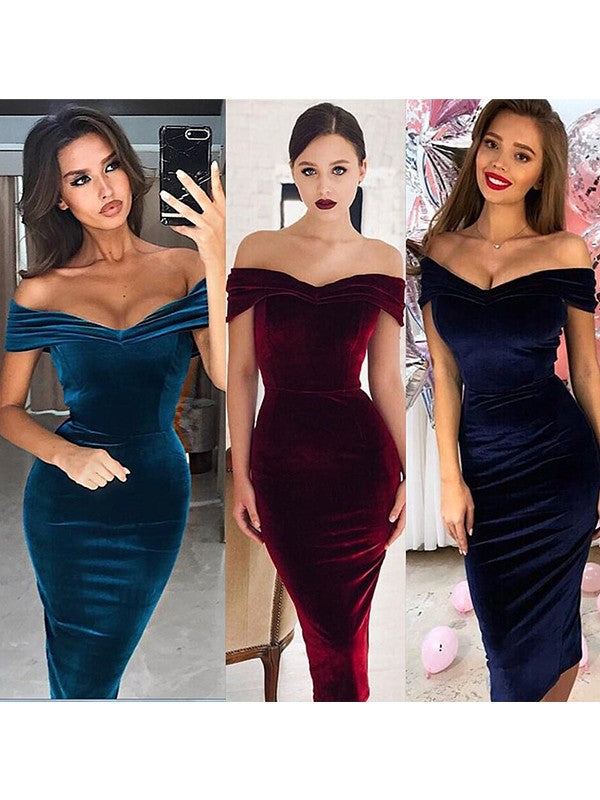 Sheath/Column Velvet Ruched Off-the-Shoulder Sleeveless Tea-Length Dresses by YiHuiw