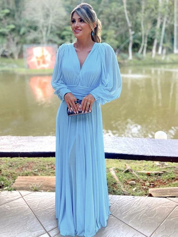 A-Line/Princess Chiffon Ruffles V-neck Long Sleeves Floor-Length Mother of the Bride Dresses by YiHuiw