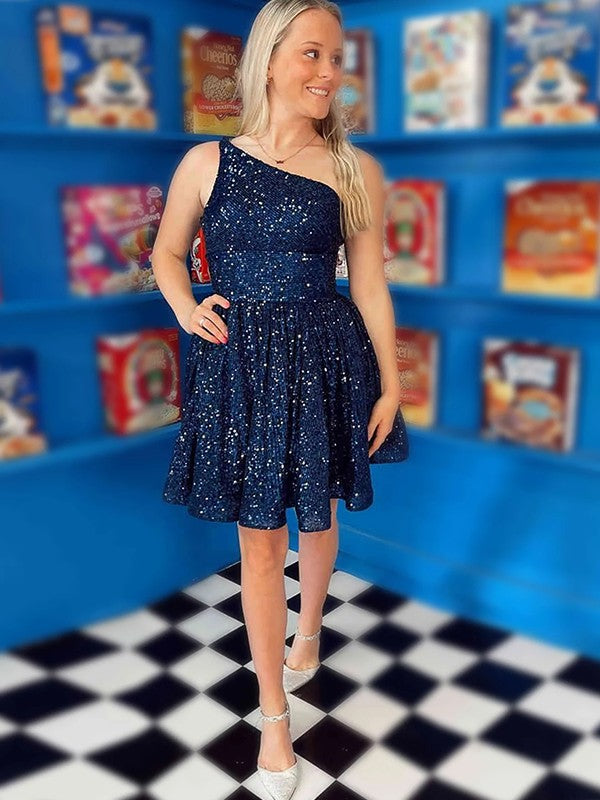 A-Line/Princess Sequins Ruffles One-Shoulder Sleeveless Short/Mini Dresses by YiHuiw