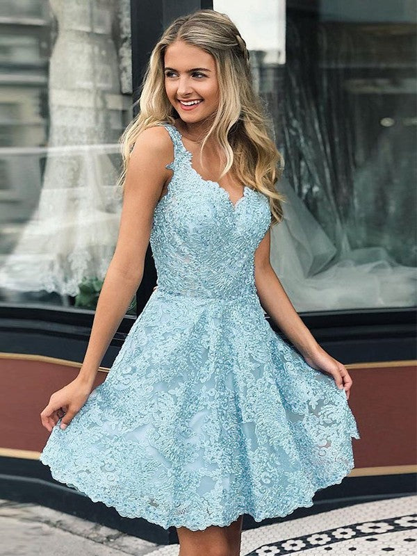A-Line/Princess Lace V-neck Sleeveless Short/Mini Dresses by YiHuiw
