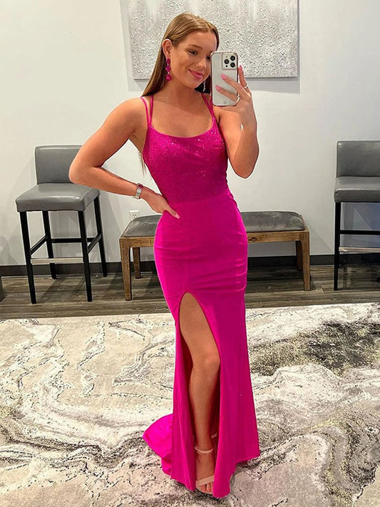 Sheath/Column Jersey Spaghetti Straps Sleeveless Sweep/Brush Train Dresses by YiHuiw