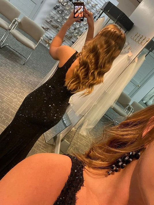 Sheath/Column Lace Rhinestone V-neck Sleeveless Sweep/Brush Train Dresses by YiHuiw