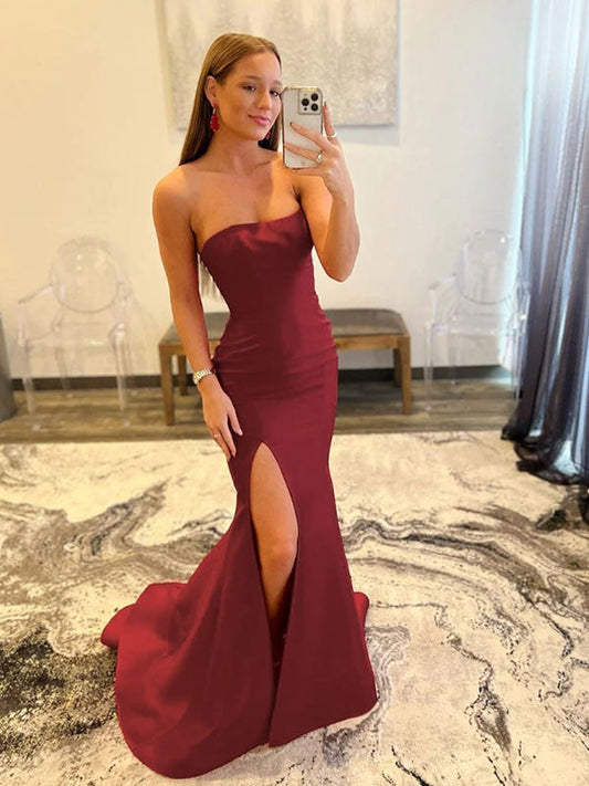 Sheath/Column Crepe Strapless Sleeveless Sweep/Brush Train Dresses by YiHuiw