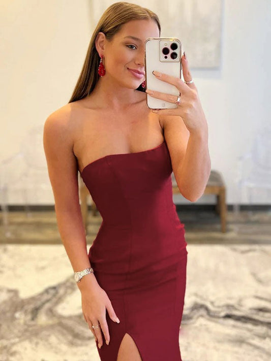 Sheath/Column Crepe Strapless Sleeveless Sweep/Brush Train Dresses by YiHuiw