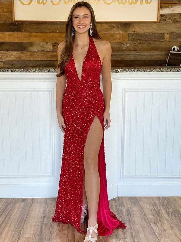 Sheath/Column Sequins Halter Sleeveless Sweep/Brush Train Dresses by YiHuiw