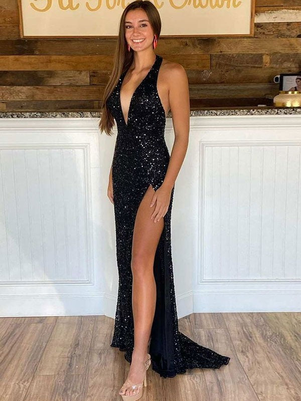Sheath/Column Sequins Halter Sleeveless Sweep/Brush Train Dresses by YiHuiw