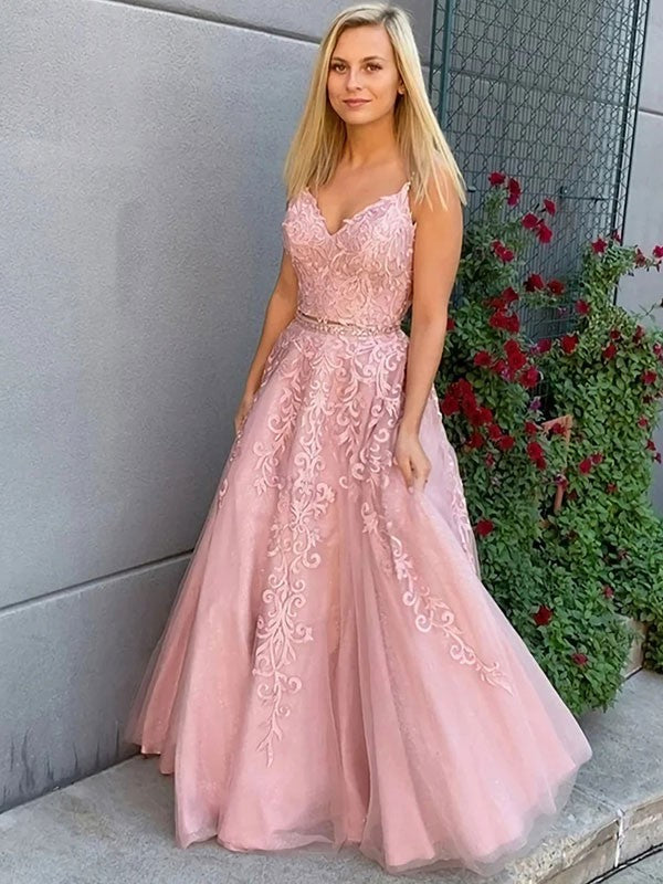 A-Line/Princess Tulle Applique V-neck Sleeveless Floor-Length Dresses by YiHuiw