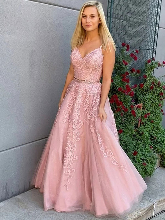 A-Line/Princess Tulle Applique V-neck Sleeveless Floor-Length Dresses by YiHuiw