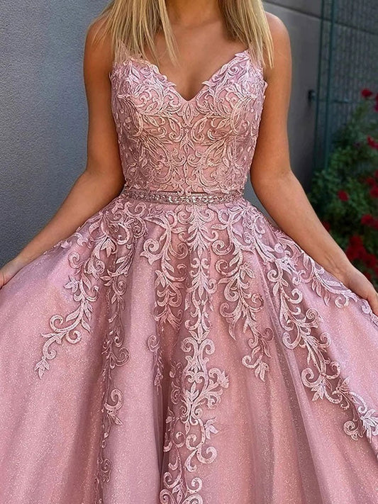 A-Line/Princess Tulle Applique V-neck Sleeveless Floor-Length Dresses by YiHuiw