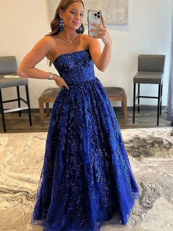 A-Line/Princess Tulle Applique Strapless Sleeveless Sweep/Brush Train Dresses by YiHuiw