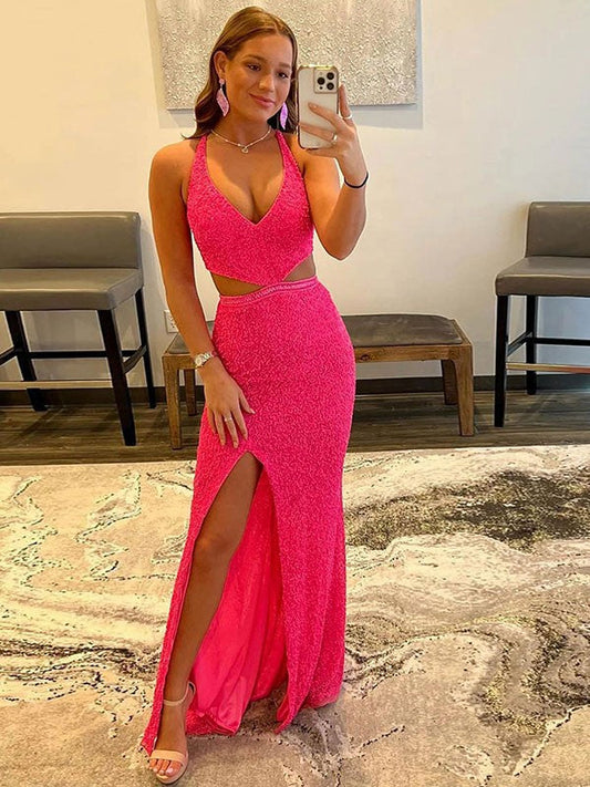 Sheath/Column Velvet Sequins V-neck Sleeveless Sweep/Brush Train Dresses by YiHuiw
