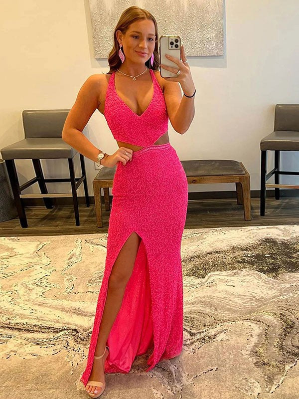Sheath/Column Velvet Sequins V-neck Sleeveless Sweep/Brush Train Dresses by YiHuiw