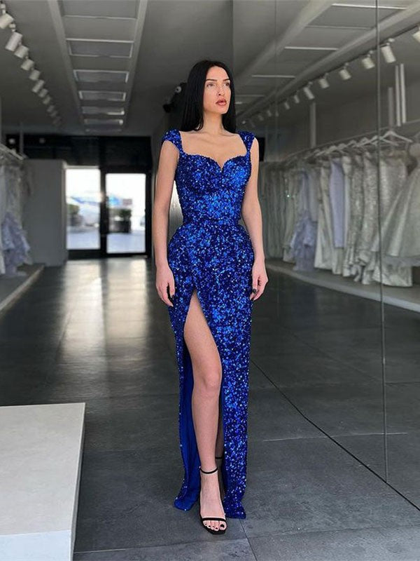 Sheath/Column Velvet Sequins Straps Sleeveless Sweep/Brush Train Dresses by YiHuiw