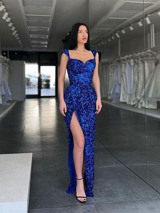 Sheath/Column Velvet Sequins Straps Sleeveless Sweep/Brush Train Dresses by YiHuiw