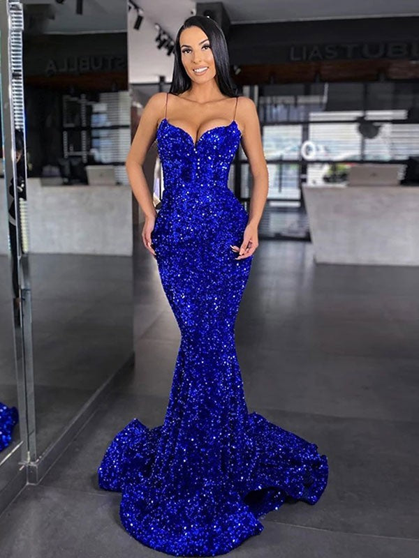Trumpet/Mermaid Velvet Sequins Spaghetti Straps Sleeveless Sweep/Brush Train Dresses by YiHuiw