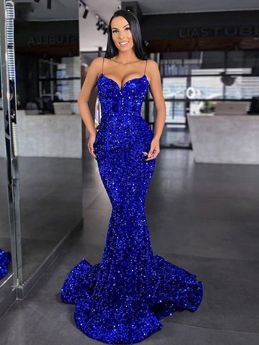 Trumpet/Mermaid Velvet Sequins Spaghetti Straps Sleeveless Sweep/Brush Train Dresses by YiHuiw