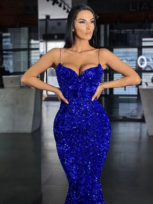 Trumpet/Mermaid Velvet Sequins Spaghetti Straps Sleeveless Sweep/Brush Train Dresses by YiHuiw