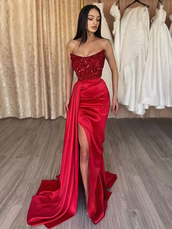 Sheath/Column Woven Satin Sequin Strapless Sleeveless Sweep/Brush Train Dresses by YiHuiw