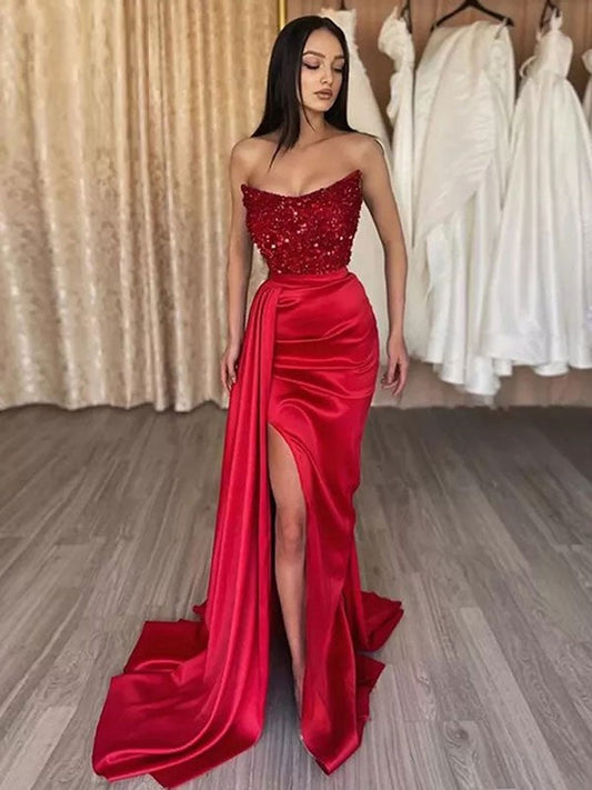 Sheath/Column Woven Satin Sequin Strapless Sleeveless Sweep/Brush Train Dresses by YiHuiw
