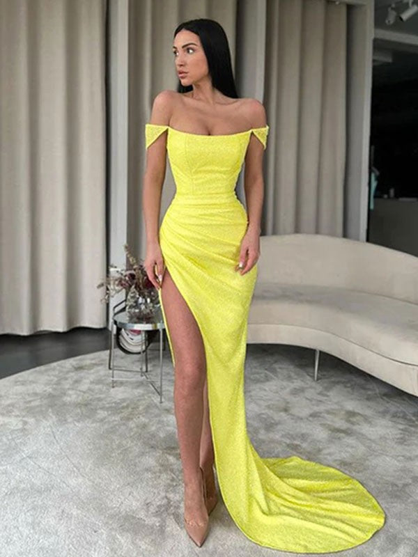 Sheath/Column Sequins Ruched Off-the-Shoulder Sleeveless Sweep/Brush Train Dresses by YiHuiw