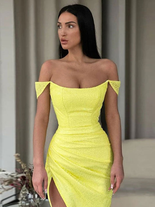 Sheath/Column Sequins Ruched Off-the-Shoulder Sleeveless Sweep/Brush Train Dresses by YiHuiw