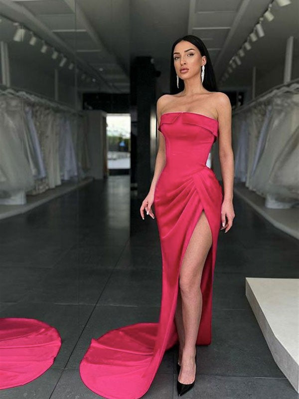 Sheath/Column Woven Satin Ruched Strapless Sleeveless Sweep/Brush Train Dresses by YiHuiw