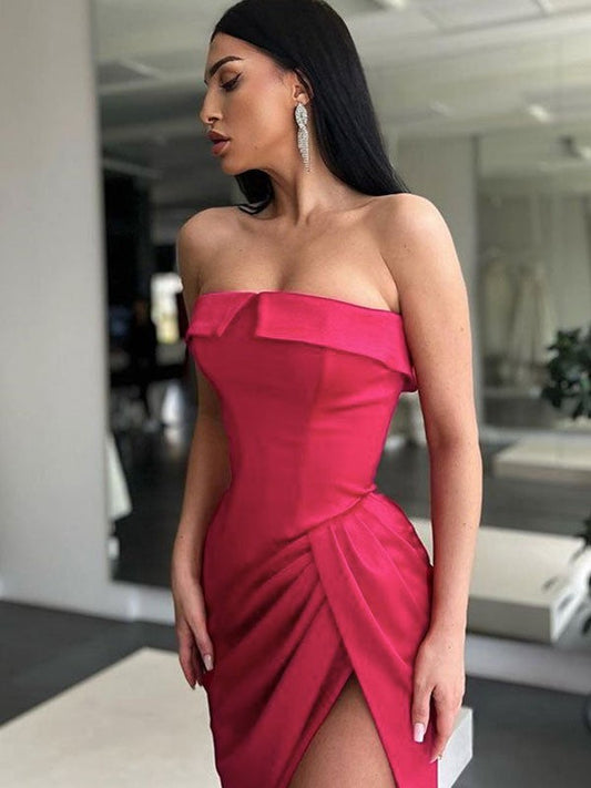 Sheath/Column Woven Satin Ruched Strapless Sleeveless Sweep/Brush Train Dresses by YiHuiw