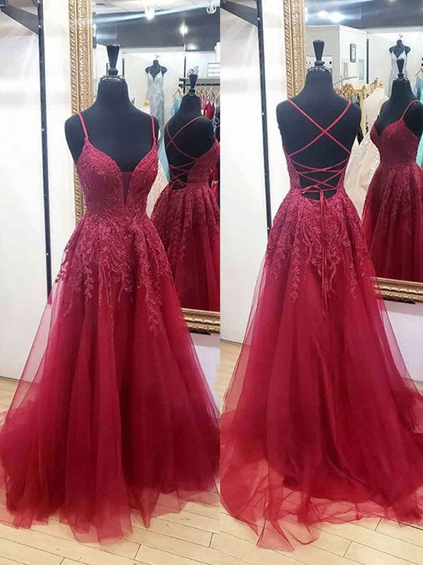 A-Line/Princess Tulle Applique V-neck Sleeveless Sweep/Brush Train Dresses by YiHuiw