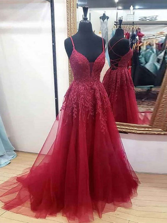 A-Line/Princess Tulle Applique V-neck Sleeveless Sweep/Brush Train Dresses by YiHuiw