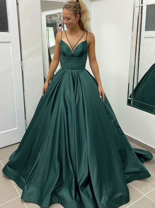 Ball Gown Satin Ruffles V-neck Sleeveless Court Train Dresses by YiHuiw