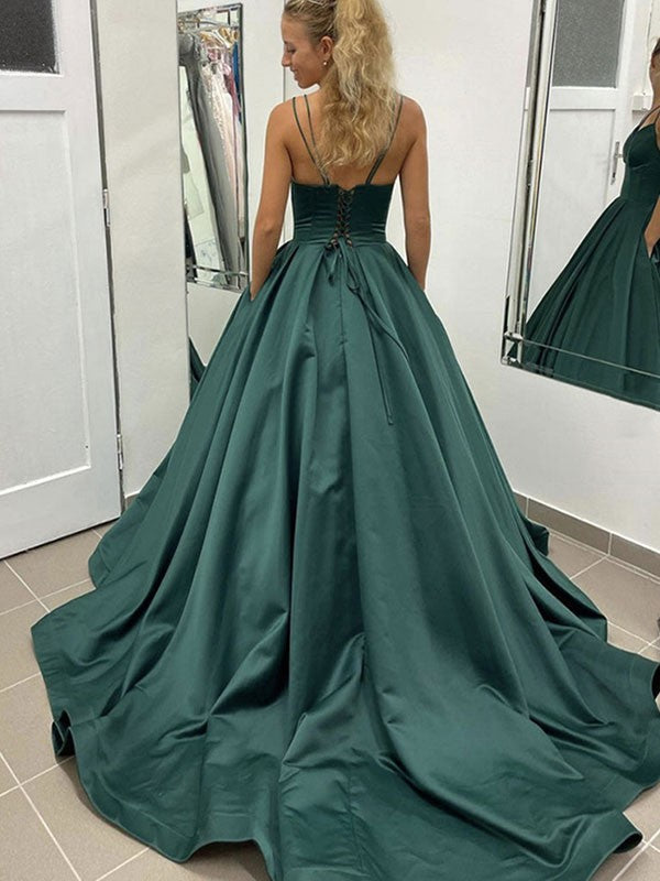 Ball Gown Satin Ruffles V-neck Sleeveless Court Train Dresses by YiHuiw