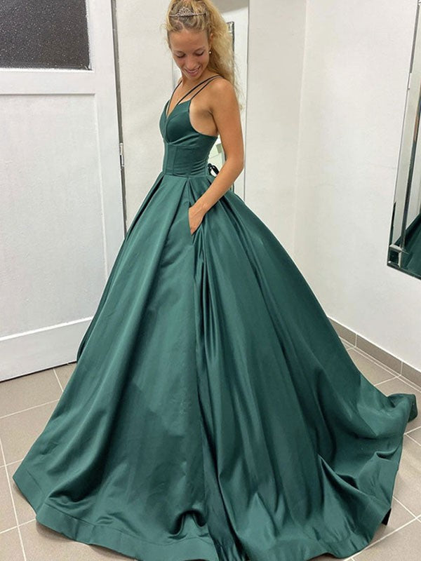 Ball Gown Satin Ruffles V-neck Sleeveless Court Train Dresses by YiHuiw