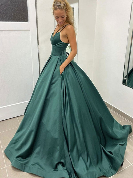 Ball Gown Satin Ruffles V-neck Sleeveless Court Train Dresses by YiHuiw