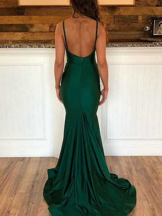 Sheath/Column Jersey Ruffles V-neck Sleeveless Sweep/Brush Train Dresses by YiHuiw