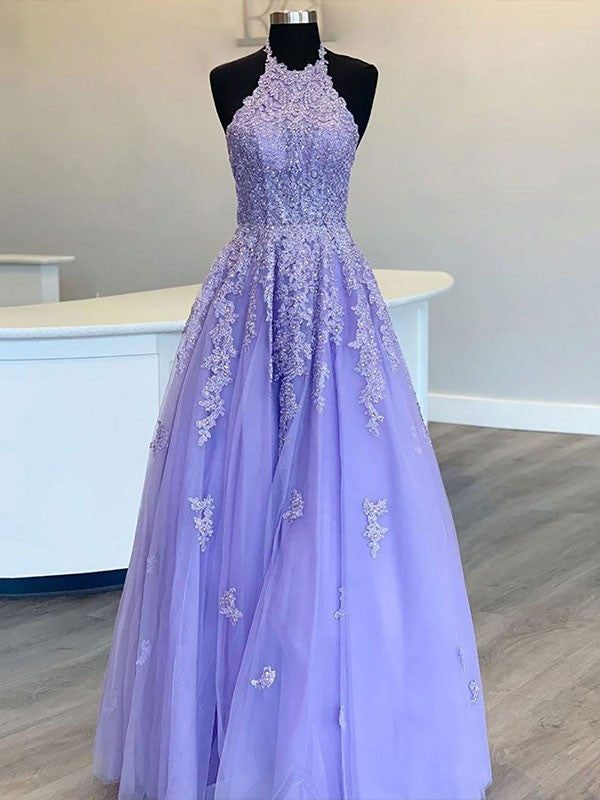 A-Line/Princess Tulle Applique Halter Sleeveless Floor-Length Dresses by YiHuiw