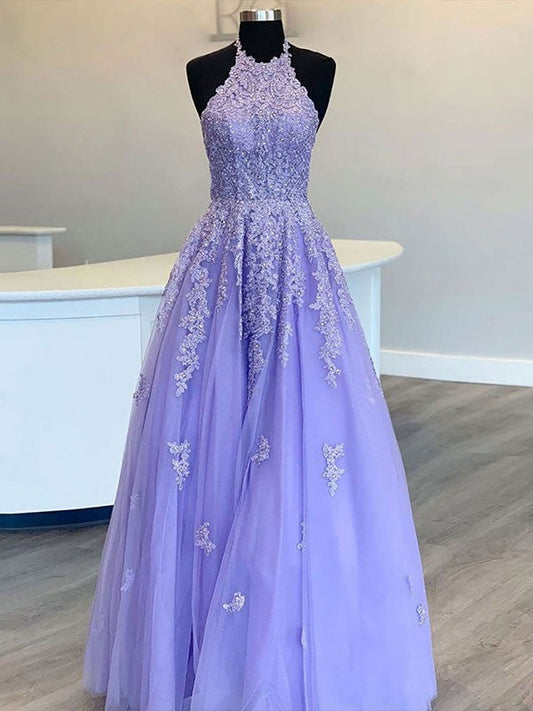 A-Line/Princess Tulle Applique Halter Sleeveless Floor-Length Dresses by YiHuiw