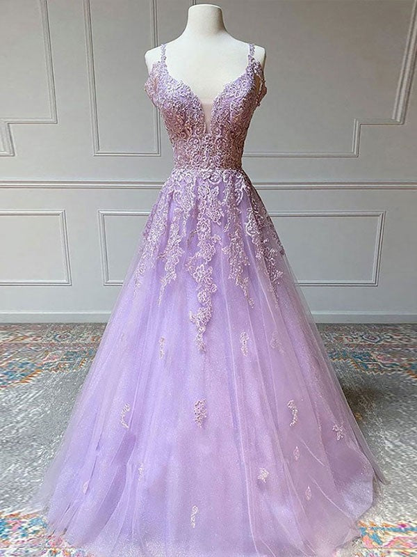 A-Line/Princess Tulle Applique V-neck Sleeveless Sweep/Brush Train Dresses by YiHuiw