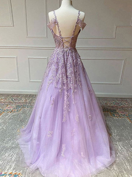 A-Line/Princess Tulle Applique V-neck Sleeveless Sweep/Brush Train Dresses by YiHuiw