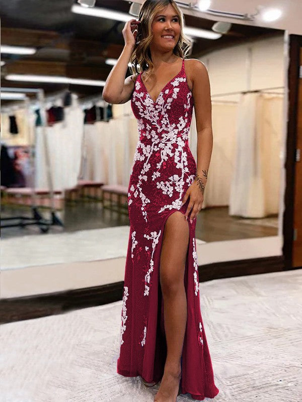 Sheath/Column Tulle Applique V-neck Sleeveless Sweep/Brush Train Dresses by YiHuiw