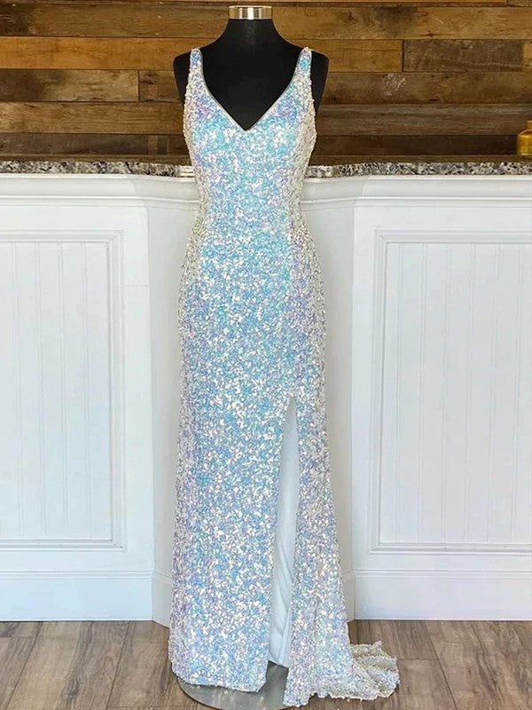 Sheath/Column Velvet Sequins V-neck Sleeveless Sweep/Brush Train Dresses by YiHuiw