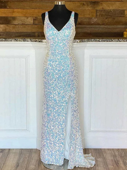 Sheath/Column Velvet Sequins V-neck Sleeveless Sweep/Brush Train Dresses by YiHuiw