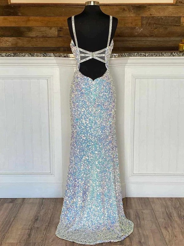 Sheath/Column Velvet Sequins V-neck Sleeveless Sweep/Brush Train Dresses by YiHuiw