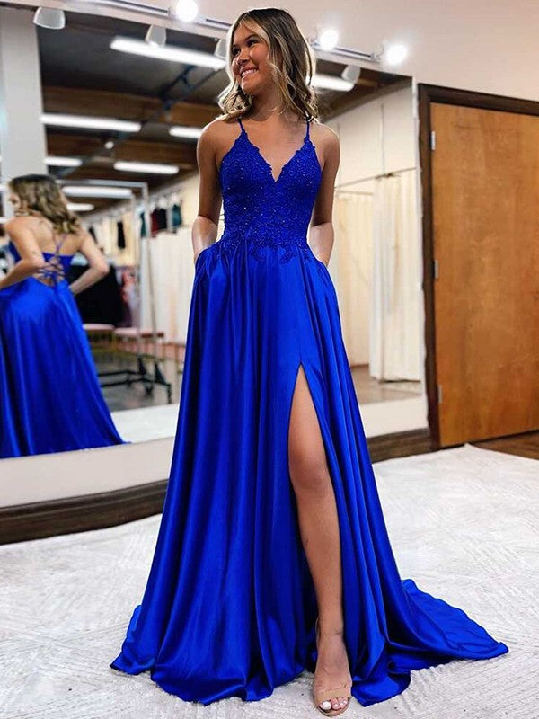 A-Line/Princess Woven Satin Applique V-neck Sleeveless Sweep/Brush Train Dresses by YiHuiw