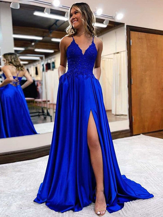 A-Line/Princess Woven Satin Applique V-neck Sleeveless Sweep/Brush Train Dresses by YiHuiw