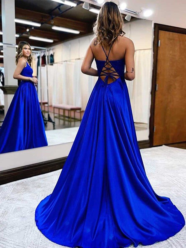 A-Line/Princess Woven Satin Applique V-neck Sleeveless Sweep/Brush Train Dresses by YiHuiw