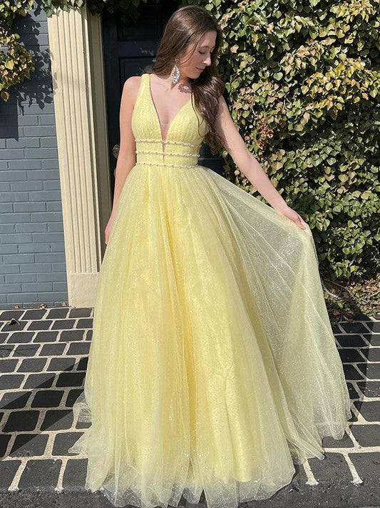 A-Line/Princess Ruffles V-neck Sleeveless Sweep/Brush Train Dresses by YiHuiw