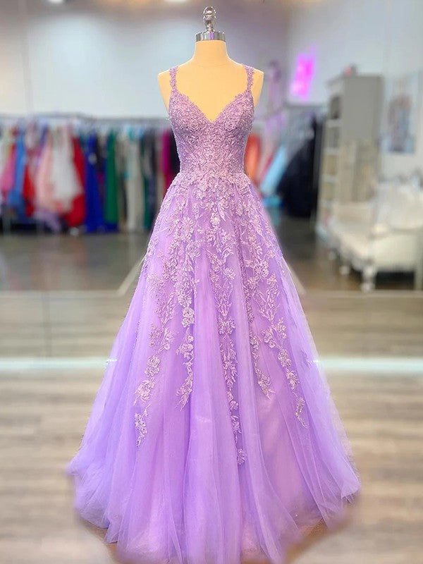 A-Line/Princess Tulle Applique V-neck Sleeveless Sweep/Brush Train Dresses by YiHuiw