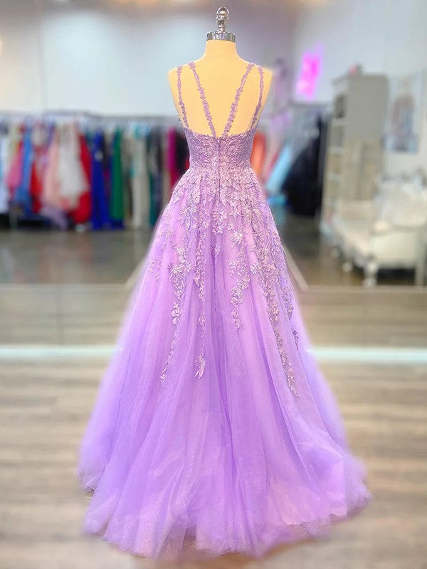 A-Line/Princess Tulle Applique V-neck Sleeveless Sweep/Brush Train Dresses by YiHuiw